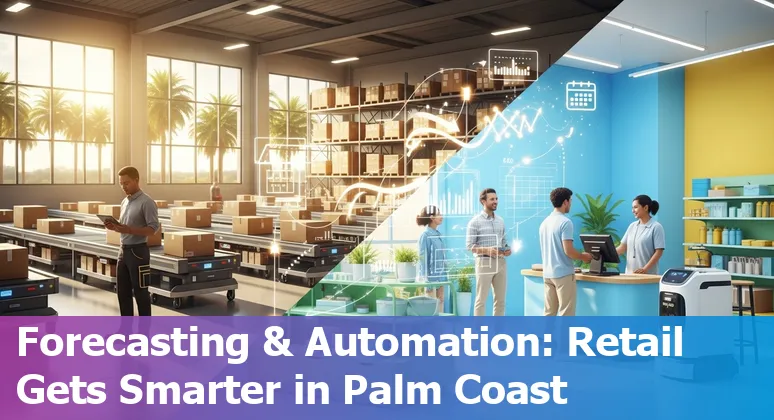 Retail employees using AI inventory tablet in a Palm Coast, Florida store showing smart-shelf and analytics dashboard.