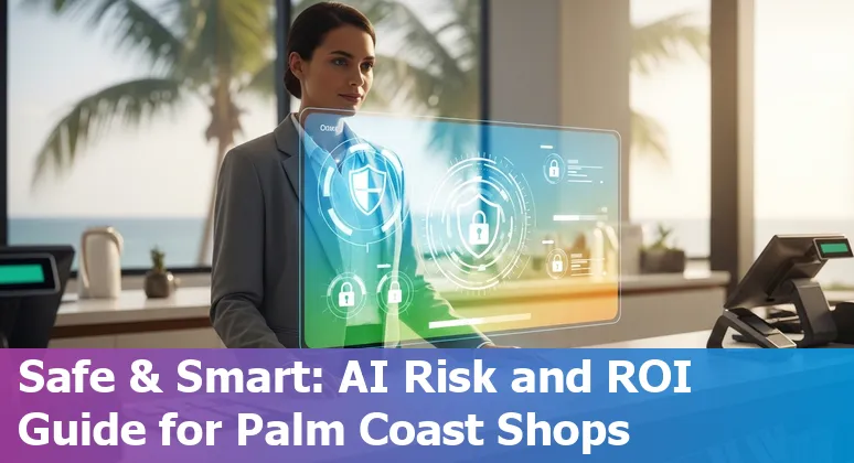 Retail store owner using AI tools on a tablet in Palm Coast, Florida, with Palm Beach County landmarks in background