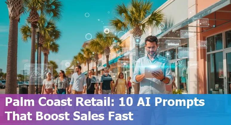 Retail store in Palm Coast, Florida with AI icons overlay: inventory, chatbot, pricing, and visual search