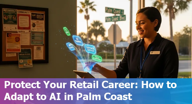 Palm Coast retail worker at an ALDI checkout with a self-checkout kiosk and training materials nearby.