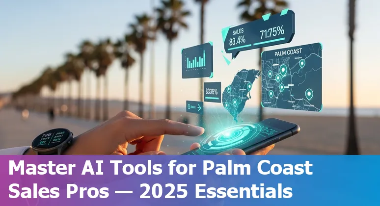 Collage of AI tools logos and Palm Coast Florida skyline, symbolizing AI for sales professionals in 2025.