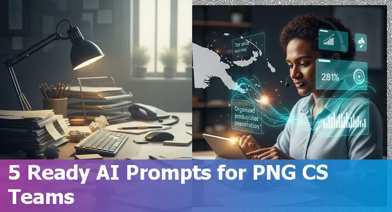 Customer service agent using AI prompts on a laptop with Papua New Guinea flag and WhatsApp icons