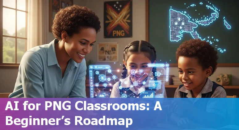 Illustration of AI in Papua New Guinea education showing students, SevisPass and teacher training in Papua New Guinea