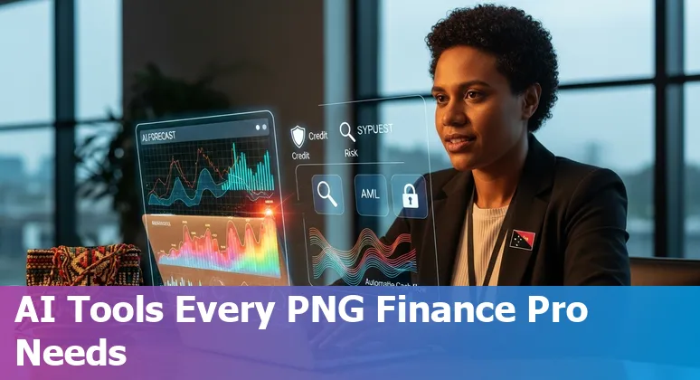 Finance professional in Papua New Guinea reviewing AI dashboards for forecasting, credit scoring, AML and cash flow on a laptop