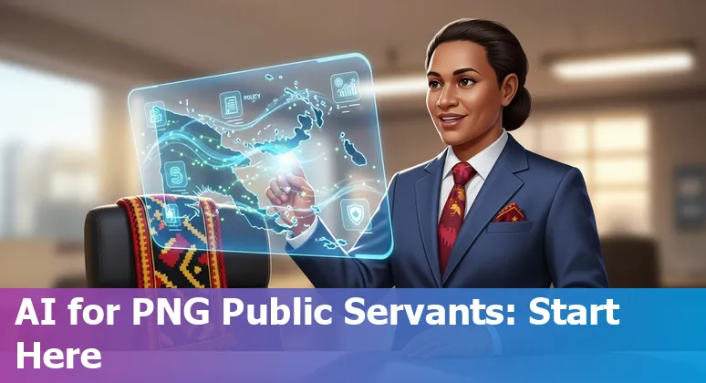 Illustration of AI-enabled public services in Papua New Guinea showing SevisPass, government cloud, and citizens interacting in PNG.
