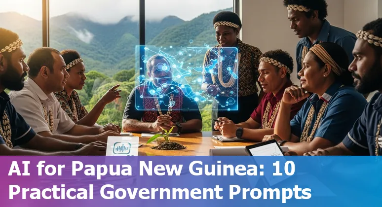Illustration of government AI use cases in Papua New Guinea: chatbots, budget charts, health surveillance and disaster response.