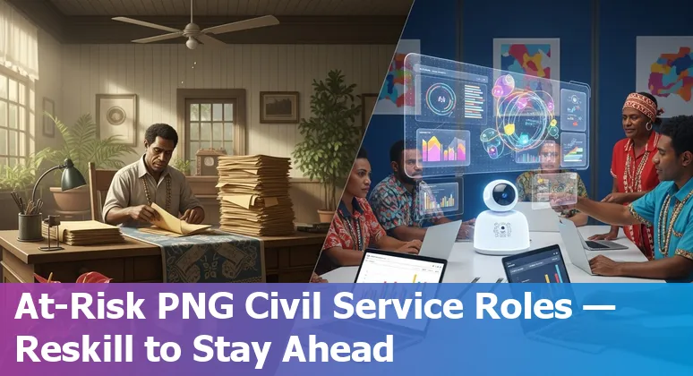 Papua New Guinea civil servant learning AI tools on a laptop to reskill for changing government jobs.