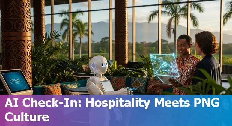Hotel lobby with AI dashboard overlay in Papua New Guinea, 2025