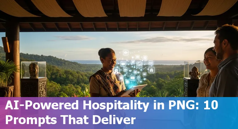Hotel staff using AI on a tablet to create multilingual guest messages and PNG-themed marketing images
