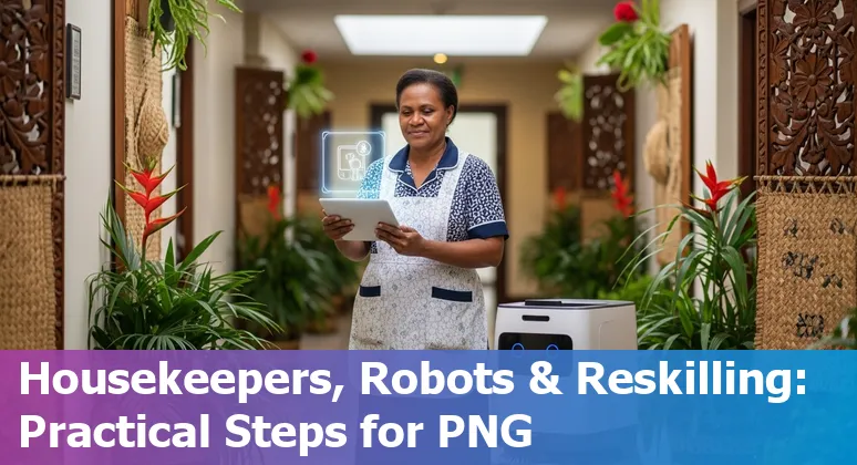 Hotel lobby in Papua New Guinea showing a receptionist assisting a guest while a self-service kiosk operates in the background.