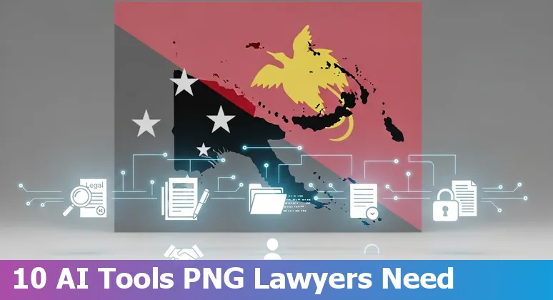 Collage of AI tools logos over a Papua New Guinea map, showing legal documents and a gavel.