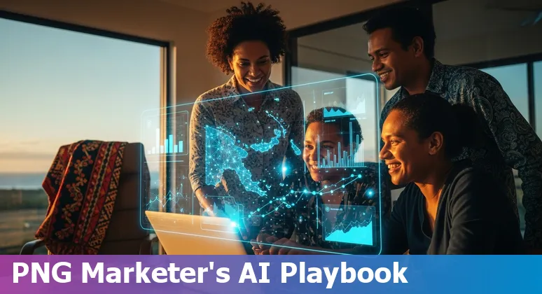Marketing team reviewing AI dashboards and campaign automation in Papua New Guinea in 2025