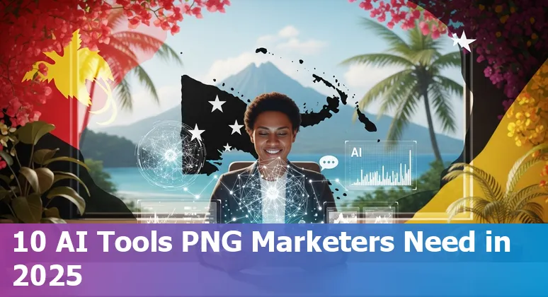Collage of AI marketing tools logos and PNG local marketing visuals (smartphone, laptop, local market scene)