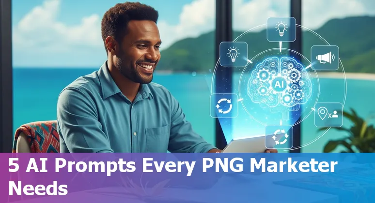 Illustration of PNG marketer using AI prompts: launch plan, headlines, SEO, repurposing and CRM personalization