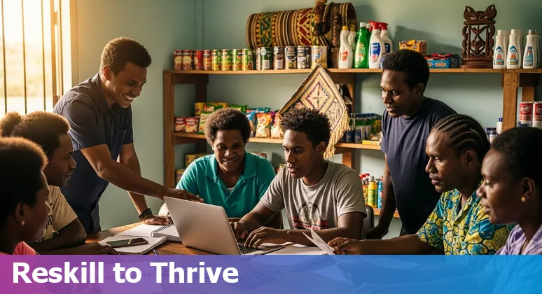 Retail workers in Papua New Guinea using POS terminals and inventory tablets while a self-checkout kiosk stands nearby