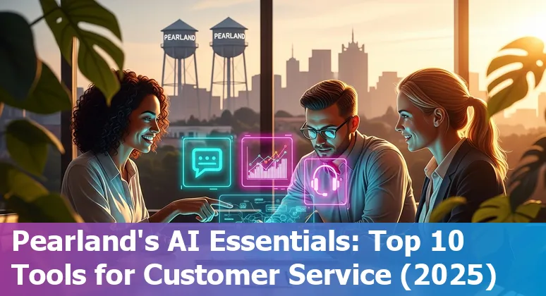 Customer service rep using AI chat tools on laptop with Pearland, Texas skyline in background