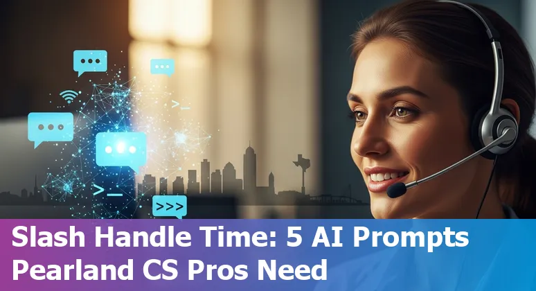 Customer service agent using AI prompts on a laptop with Pearland skyline in background