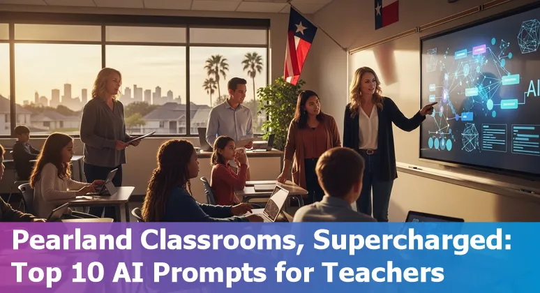 Teacher using AI tools with Pearland High School students and local college logos.