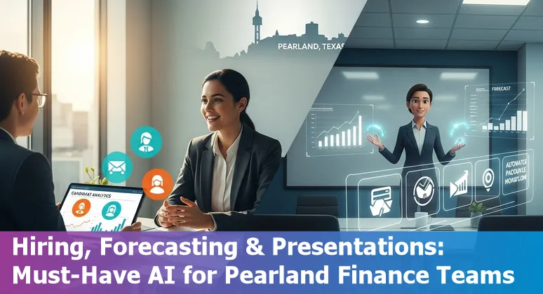 Finance professional in Pearland, Texas reviewing AI tool dashboards for AP automation, forecasting, and cybersecurity.