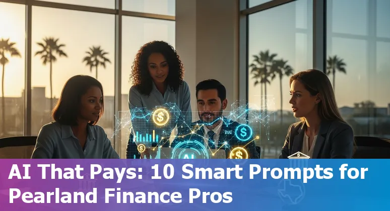 Illustration of AI applications in Pearland financial services: chatbots, fraud detection, and finance automation.