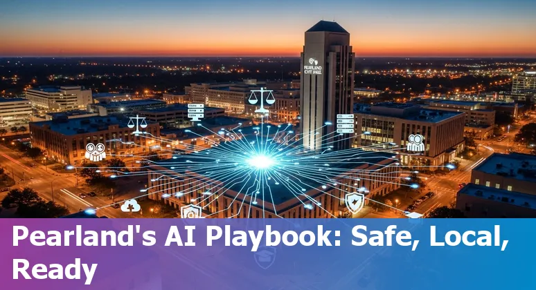 Pearland, Texas government AI planning meeting with Texas skyline and AI network graphics