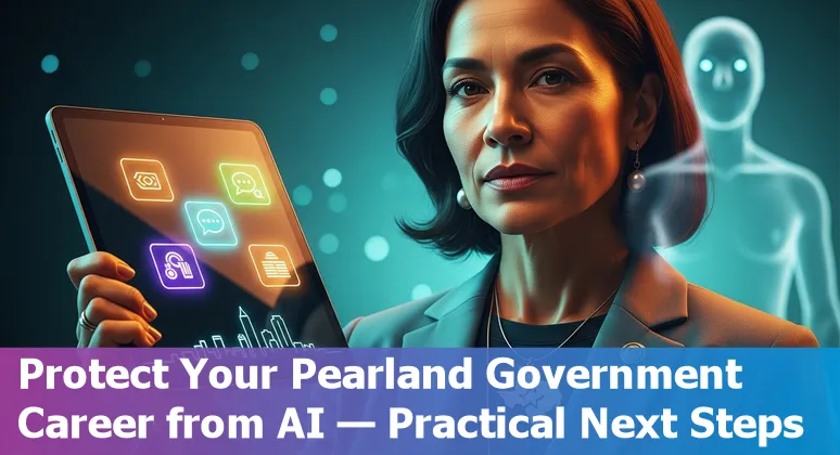 Pearland city hall worker using a tablet with AI icons and training resources in the background