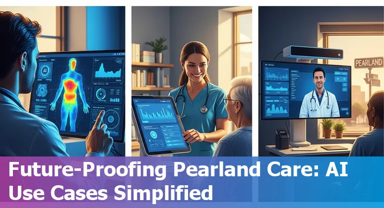 Healthcare AI illustration with Pearland, Texas skyline, icons for TRAIGA, SB 1188, HPE and EMR security