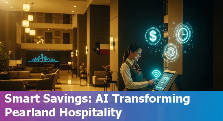 Hotel staff using AI tools at a Pearland, Texas hotel front desk, showing automation on screens and guests being helped