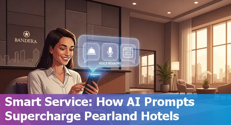 Hotel front desk staff using AI-powered tablet for virtual concierge and bookings in Pearland, Texas.