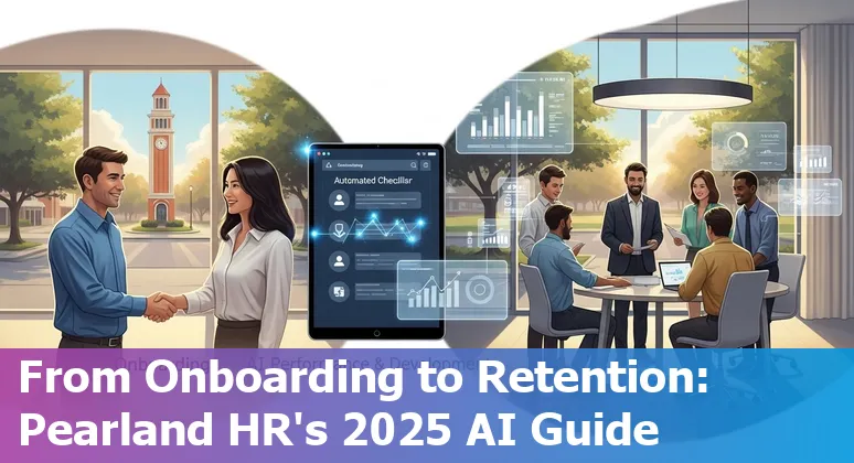 HR professional using AI tools on a laptop with Pearland skyline in the background