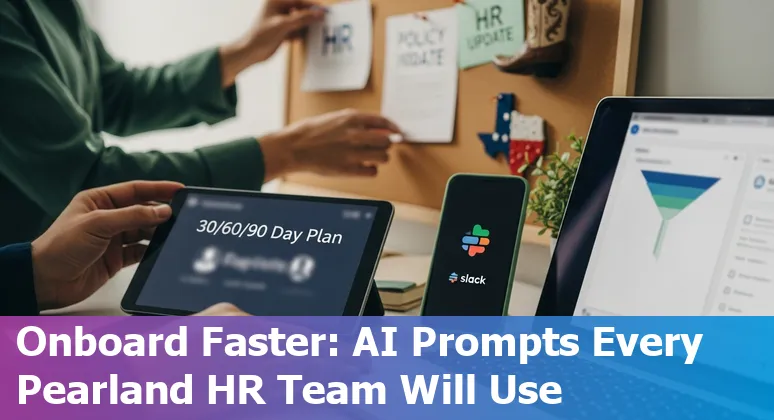 HR professional in Pearland using AI prompts on a laptop, with icons for benefits, recruiting, onboarding, analytics, and Slack.