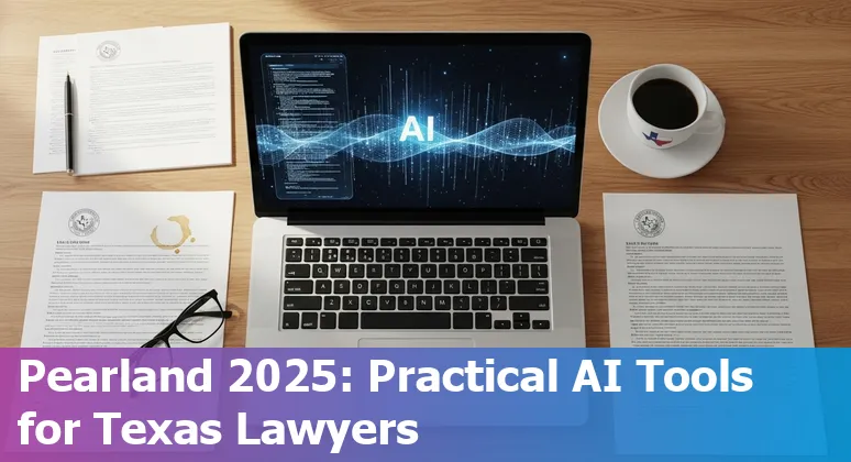 Lawyer using AI tools on a laptop in Pearland, Texas office — 2025 legal AI guide image
