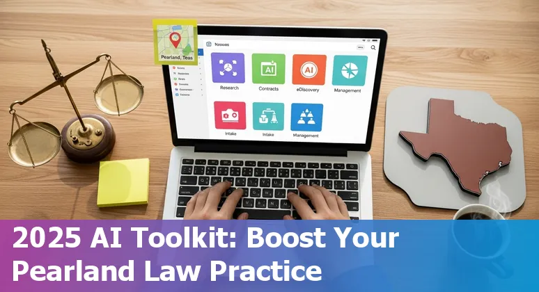 Lawyer using AI tools on a laptop with Pearland, Texas map overlay