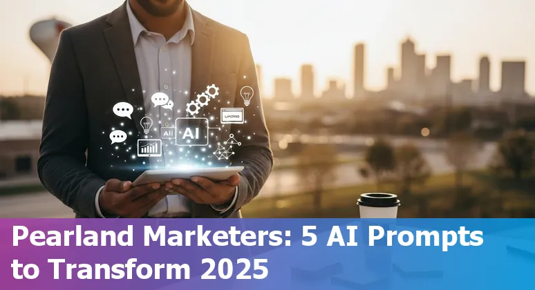 Marketing professional in Pearland using AI prompts on a laptop with Houston skyline background