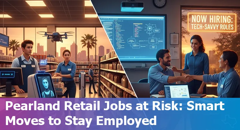 Retail worker learning tech skills in Pearland to adapt as AI automates cashier and inventory tasks.