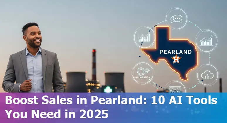 Pearland sales professional using AI tools on a laptop, with local industry icons: energy, healthcare, manufacturing.