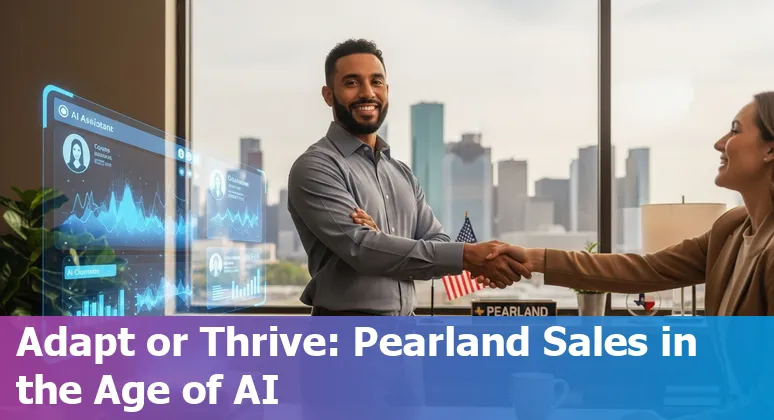 Salesperson working with AI tools in Pearland, Texas skyline background — Will AI Replace Sales Jobs in Pearland, Texas 2025
