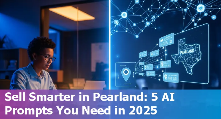 Sales professional in Pearland, Texas using AI prompts on a laptop with Pearland skyline in background