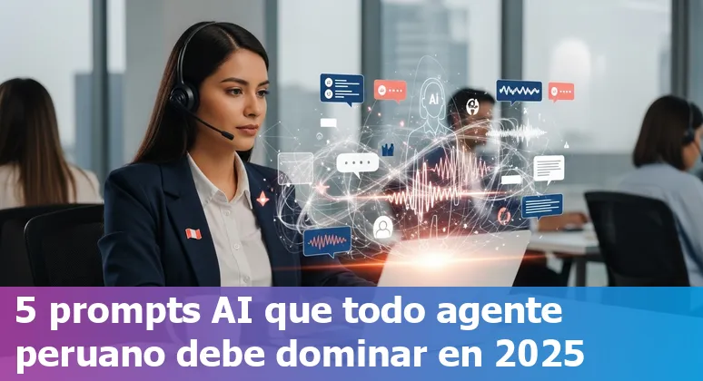 Customer service agent using AI prompts on laptop with WhatsApp and email icons over a Peru map background