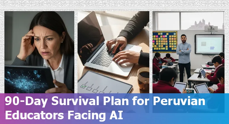 Peruvian teacher using AI tools on a laptop in a classroom, students in background
