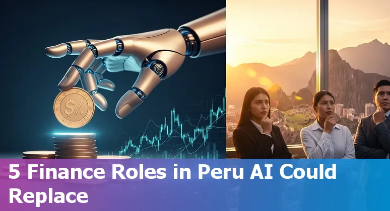 Peruvian bank branch with employee, mobile banking icons and AI automation symbols