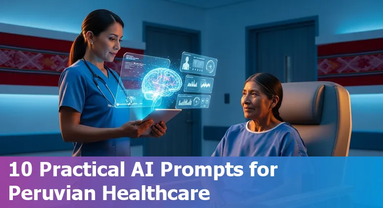 Doctor using an AI tablet for patient care in Peru with health icons and map of Peru