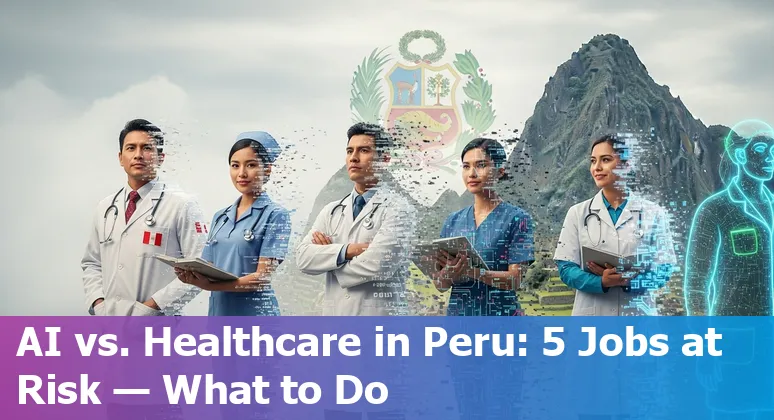Peruvian healthcare workers using a laptop with AI medical graphics overlay, discussing patient records