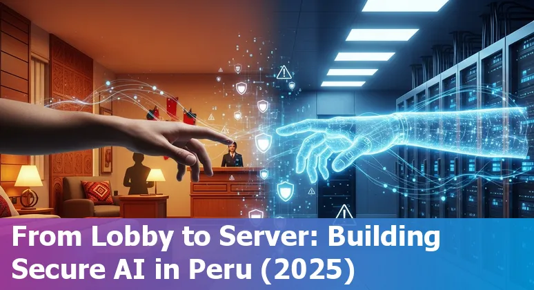 Hotel lobby with AI interface and compliance notes in Peru under Law 31814
