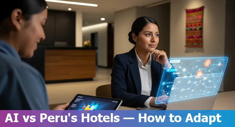 Peruvian hotel staff (accountant, HR clerk, front desk, admin, housekeeper) with training icons representing upskilling for AI