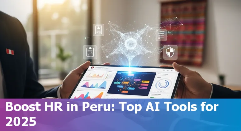 Peruvian HR professionals using AI tools such as Paradox, Eightfold AI and Lattice on laptops and mobile.
