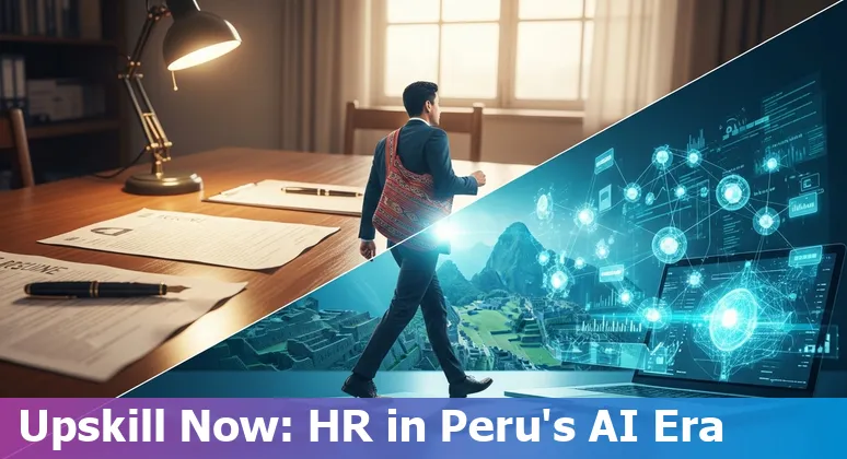 Illustration of HR and AI collaboration in Peru office, highlighting AI tools and Peruvian HR professionals