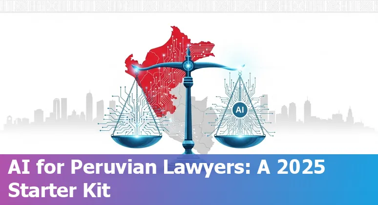 Peruvian lawyer using AI tools with legal books and the Peru flag, symbolizing AI adoption by legal professionals in Peru (2025).