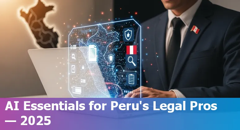 Peruvian lawyer using AI legal tools on a laptop with Peru flag overlay and legal documents
