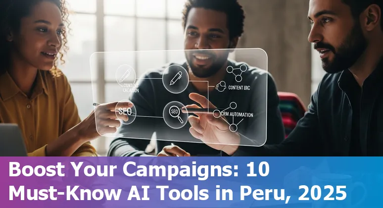 AI marketing tools dashboard with icons for Jasper, SEMrush, HubSpot, ManyChat and others overlaying a map of Peru